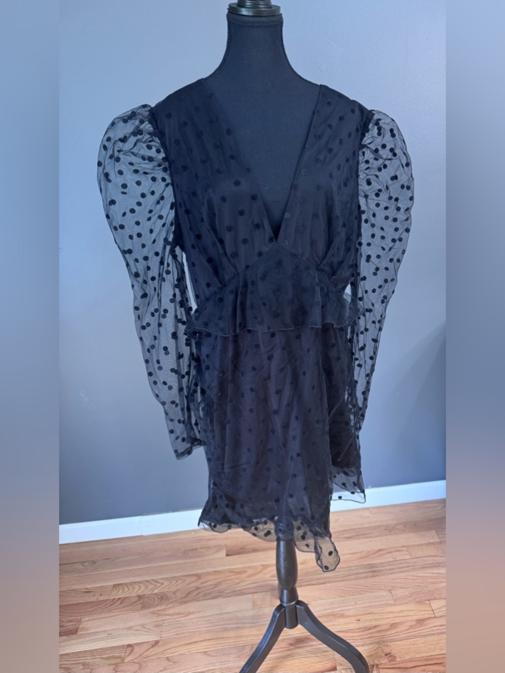 Missguided Black Sheer Polka Dot Midi Dress Size 16 Puff Sleeve V Neck